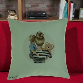 Cadou pentru Mama - Perna Personalizata Mama si Baietelul cu Ursulet, 40x40 cm, Verde, Husa Detasabila, Perna Inclusa, BEKZ®