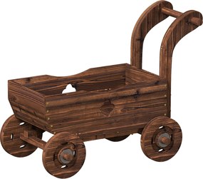 Outsunny Strat Înălțat pentru Grădină în Formă de Cărucior cu 4 Roți și Mâner, Ghiveci din Lemn de Molid cu Găuri de Drenaj, pentru Balcon, Terasă, 68x38x52 cm, Finisaj Carbonizat | Aosom Romania