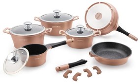 Set oale si tigai Royalty Line RL-ES1014M, Aluminiu, 14 piese, Capac sticla, Inductie, Finisaj marmura, Cupru
