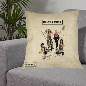 Perna Personalizata K-pop BLACKPINK Fotografie Grup Autografe Toate Membre, 40x40 cm, Crem, Husa Detasabila, Perna Inclusa, BEKZ®