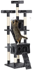 PawHut Albero Tiragraffi per Gatti con Due Cucce in Peluche e Sisal, Grigio, 50x50x170cm