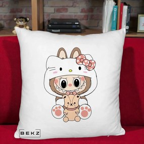 Perna Personalizata Labubu x Hello Kitty, 40x40 cm, Alb Pufos, Husa Detasabila, Perna Inclusa, BEKZ®