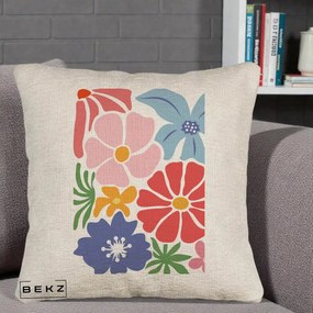 Perna Decorativa Flori Grafice Roz-Rosu-Albastru, 40x40 cm, Bej Canapea, Husa Detasabila, Perna Inclusa, BEKZ®