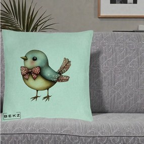 Perna Decorativa Pasare Bleu cu Fundita Rosie, 40x40 cm, Verde Menta, Husa Detasabila, Perna Inclusa, BEKZ®