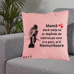 Cadou pentru Mama - Perna Personalizata Mama Nemuritoare Gravura Vintage, 40x40 cm, Roz, Husa Detasabila, Perna Inclusa, BEKZ®