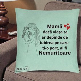 Cadou pentru Mama - Perna Personalizata Mama Nemuritoare cu Copilul in Poala, 40x40 cm, Verde Menta, Husa Detasabila, Perna Inclusa, BEKZ®