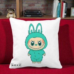 Perna Personalizata Labubu Turcoaz, 40x40 cm, Alba Mata, Husa Detasabila, Perna Inclusa, BEKZ®