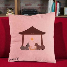 Perna Decorativa Ieslea din Betleem cu Iesle Asin si Bou, 40x40 cm, Roz, Husa Detasabila, Perna Inclusa, BEKZ®