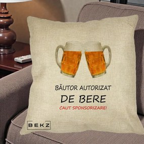 Perna Decorativa Bautor Autorizat de Bere, 40x40 cm, Crem, Husa Detasabila, Perna Inclusa, BEKZ®