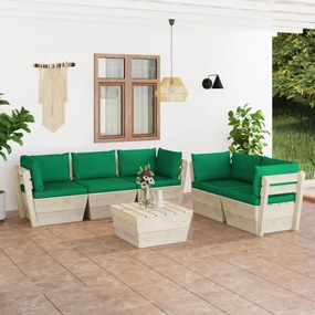 Set mobilier gradina din paleti, 6 piese, cu perne, lemn molid Verde, 4x colt + mijloc + masa, 1