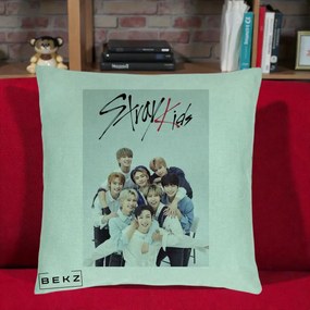 Perna Personalizata K-pop Stray Kids cu Foto Grup Alb-Albastru, 40x40 cm, Verde Menta, Husa Detasabila, Perna Inclusa, BEKZ®