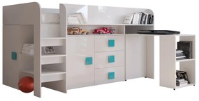 Pat multifuncțional 90 cm Toreno 1 (Alb + alb lucios + mânere turcoaz lucios). 1083308