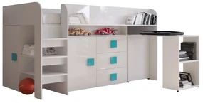 Pat multifuncțional 90 cm Toreno 1 (Alb + alb lucios + mânere turcoaz lucios). 1083308