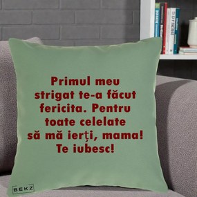 Cadou pentru Mama - Perna Personalizata Primul Strigat Mama, 40x40 cm, Verde, Husa Detasabila, Perna Inclusa, BEKZ®