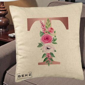 Cadou Personalizat - Perna Personalizata Monograma Rose Gold Litera T, 40x40 cm, Bej, Husa Detasabila, Perna Inclusa, BEKZ®