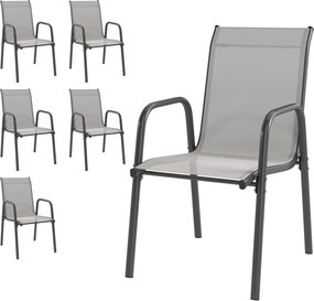 Outsunny Set de 6 Scaune de Grădină Exterioare Stivuibile cu Cotiere, Șezut și Spătar din Plasă, Cadru Metalic, Gri | Aosom Romania