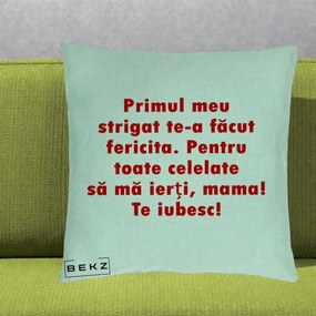 Cadou pentru Mama - Perna Personalizata Primul Strigat Mama, 40x40 cm, Verde Menta, Husa Detasabila, Perna Inclusa, BEKZ®