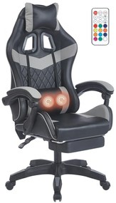 Scaun gaming, sistem iluminare bandă LED RGB, masaj în perna lombară, suport picioare, Negru/Gri