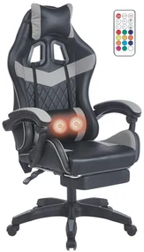 Scaun gaming, sistem iluminare bandă LED RGB, masaj în perna lombară, suport picioare, Negru/Gri