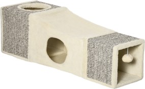 PawHut Tunel Pliabil pentru Pisici cu Căsuțe și Zgârâietori, Jucării cu Minge de Pluș și Sisal, 98x30x30 cm, Alb Crem | Aosom Romania