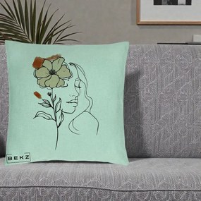 Perna Decorativa Portret Feminin Floare Bej Terracotta, 40x40 cm, Verde Menta, Husa Detasabila, Perna Inclusa, BEKZ®