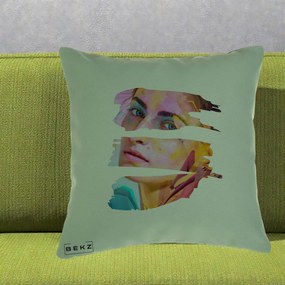 Perna Decorativa Portret Femeie Fragmentat Colorat, 40x40 cm, Verde, Husa Detasabila, Perna Inclusa, BEKZ®