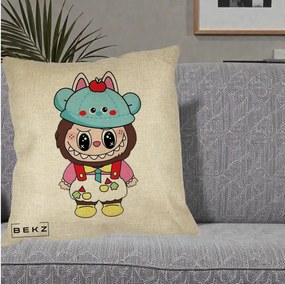 Perna Personalizata Labubu x Urs Albastru Colorat, 40x40 cm, Crem, Husa Detasabila, Perna Inclusa, BEKZ®