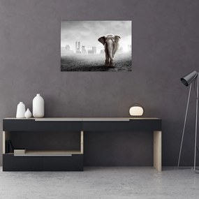 Tablou - Elefanți în oraș, versiunea alb-negru (70x50 cm)