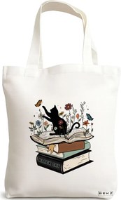 Sacosa de Panza pentru Cumparaturi, Geanta Tote, model Black Cat and Books, 38 x 34.5 cm, Alba, BEKZ®