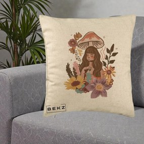 Perna Decorativa Fata Ciuperca Boho Florala, 40x40 cm, Bej, Husa Detasabila, Perna Inclusa, BEKZ®