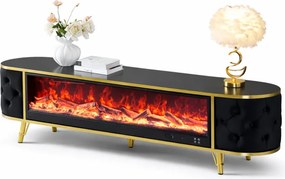 Șemineu electric cu efect LED realist cu 12 culori, Comodă TV cu design oval, control vocal și telecomandă, fără încălzire, 180 cm, Negru