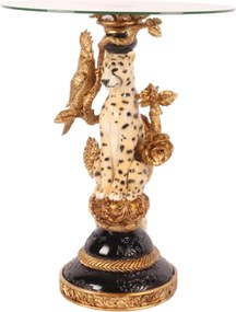 Măsuță laterală sculptată rotundă, auriu și negru, cu bază în formă de leopard și blat din sticlă, 51,5 x 40 cm, „Léopold”