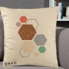 Perna Decorativa Geometric Hexagoane Multicolor, 40x40 cm, Bej, Husa Detasabila, Perna Inclusa, BEKZ®