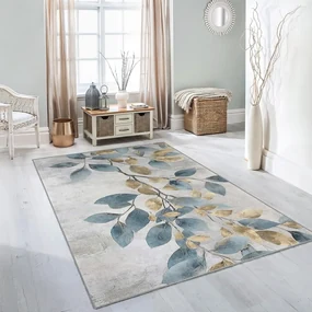Covor tip traversă albastru deschis/auriu lavabil 80x200 cm Golden Leaves – Mila Home