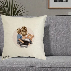 Cadou pentru Mama - Perna Personalizata Mama si Baietelul cu Ursulet, 40x40 cm, Ecru, Husa Detasabila, Perna Inclusa, BEKZ®