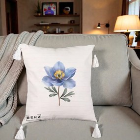 Perna Decorativa Anemona Albastra Botanica, 40x40 cm, Bej cu Franjuri, Husa Detasabila, Perna Inclusa, BEKZ®