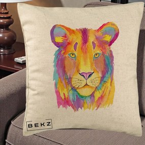 Perna Decorativa Leu Acuarela Curcubeu, 40x40 cm, Bej, Husa Detasabila, Perna Inclusa, BEKZ®