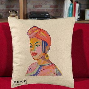 Perna Decorativa Portret Femeie Africana, 40x40 cm, Bej, Husa Detasabila, Perna Inclusa, BEKZ®