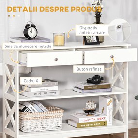 HOMCOM Consolă, cu 2 Sertare și Rafturi Reglabile, Design Modern, Structură Solidă cu Sistem Anti-Răsturnare, 100x30.5x80 cm, Albă | Aosom Romania