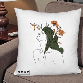 Perna Decorativa Portret Feminin Profil Flori Portocalii, 40x40 cm, Alb Pufos, Husa Detasabila, Perna Inclusa, BEKZ®