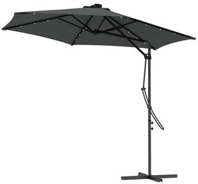 Outsunny Umbrelă Excentrică de 3 m cu Lumini LED cu Manivelă și Bază în Cruce pentru Exterior Patio Terasă Gri Închis | Aosom Romania
