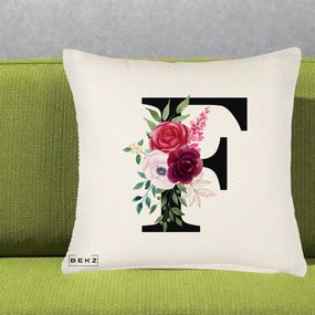 Cadou Personalizat - Perna Personalizata Monograma Florala Litera F, 40x40 cm, Crem Reliefat, Husa Detasabila, Perna Inclusa, BEKZ®