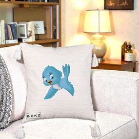 Perna Decorativa Pui de Pasare Albastru, 40x40 cm, Bej cu Franjuri, Husa Detasabila, Perna Inclusa, BEKZ®