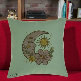Perna Personalizata Luna si Soare Floral Boho, 40x40 cm, Verde, Husa Detasabila, Perna Inclusa, BEKZ®