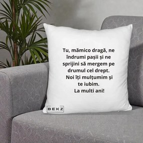 Cadou pentru Mama - Perna Personalizata Mamico Draga Te Iubim La Multi Ani cu Text Negru, 40x40 cm, Alb Pufos, Husa Detasabila, Perna Inclusa, BEKZ®