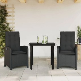 3212320 vidaXL Set mobilier de grădină cu perne, 3 piese, negru, poliratan