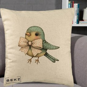 Perna Decorativa Pasare Teal cu Fundita cu Buline, 40x40 cm, Bej, Husa Detasabila, Perna Inclusa, BEKZ®