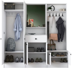Pantofar Cuier Hol Genus cu 6 usi si oglinda, Alb, 180 x 183 x 37 cm