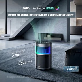 Purificator de aer DREO 530AS, 25 m², 221 m³/h, aspirație la 360°, True HEPA, Wi-Fi, cronometru, ultra silențios, senzor de calitate a aerului, negru