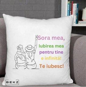 Cadou pentru Sora - Perna Personalizata Sora Mea Te Iubesc Doua Fete cu Palarie si Umbrela, 40x40 cm, Alb Pufos, Husa Detasabila, Perna Inclusa, BEKZ®